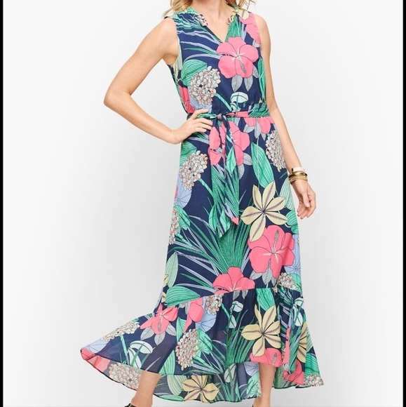 Talbots Floral Hibiscus Ruffle Sleeveless Maxi Dress - 14 - Picture 1 of 10